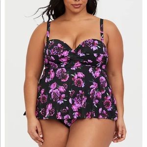 TORRID BLACK/PURPLE FLORAL KNOT FRONT ONE PIECE